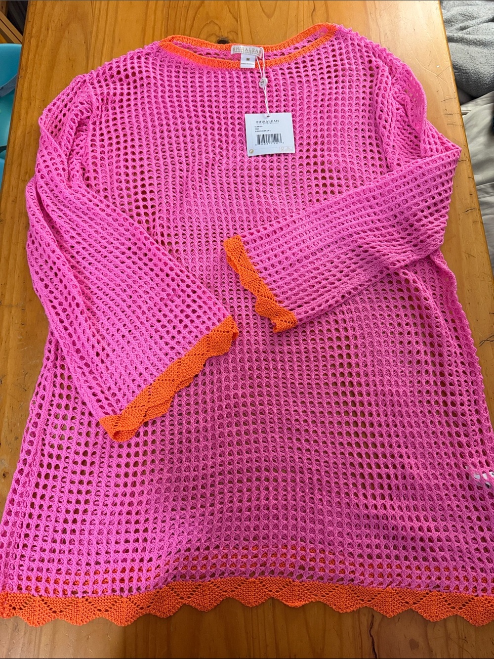 Bright Pink Open-Knit Suit Cover Up with Orange Trim - Women